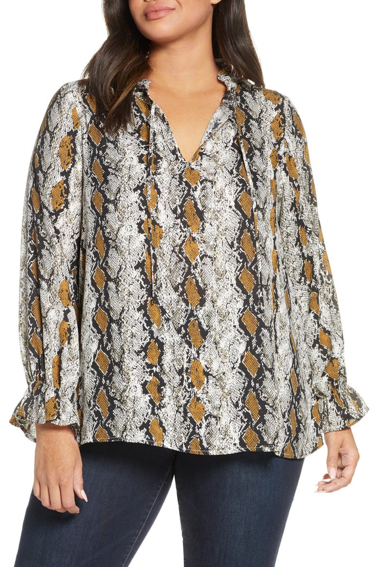 Print Tie Neck Blouse, Main, color, MUSTARD SNAKE PRINT