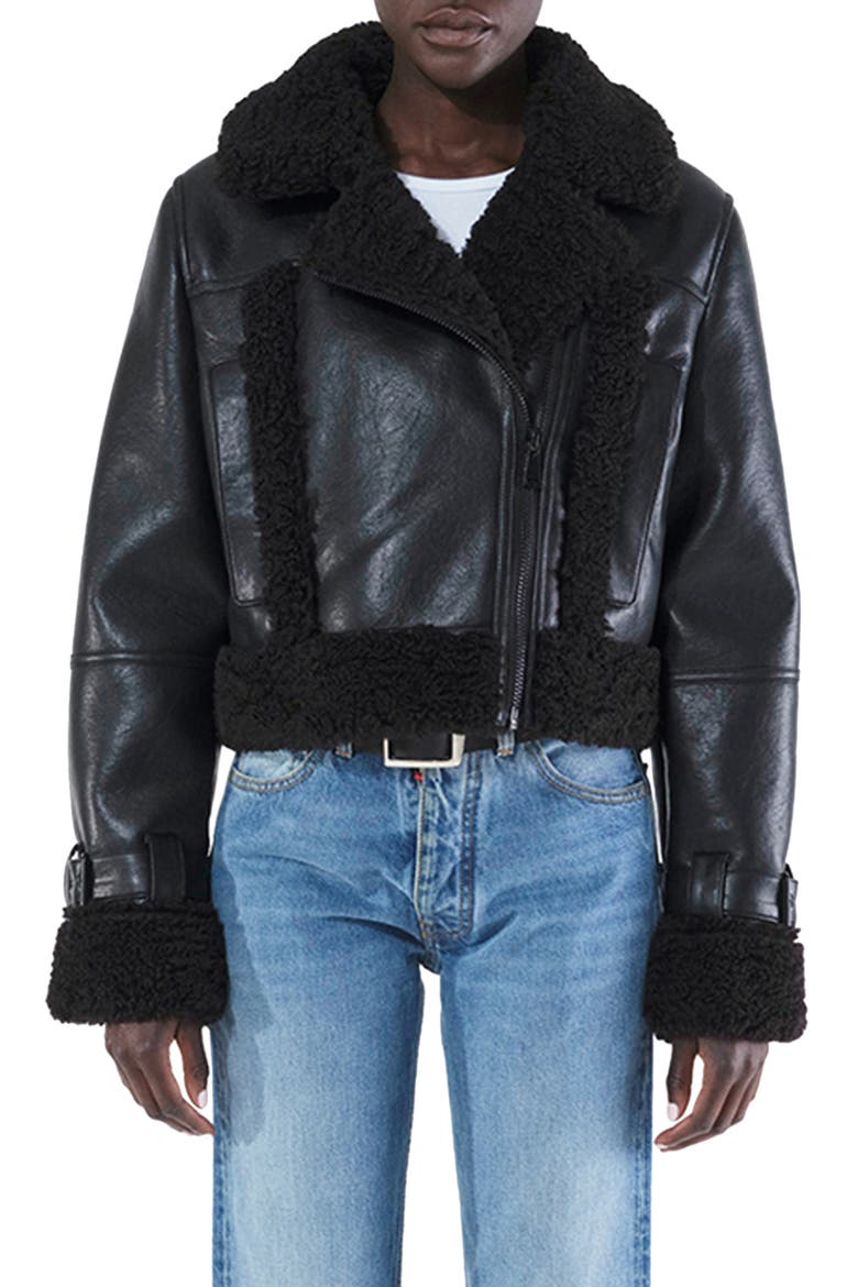 Jay Faux Leather & Faux Shearling Moto Jacket, Main, color, NOIR