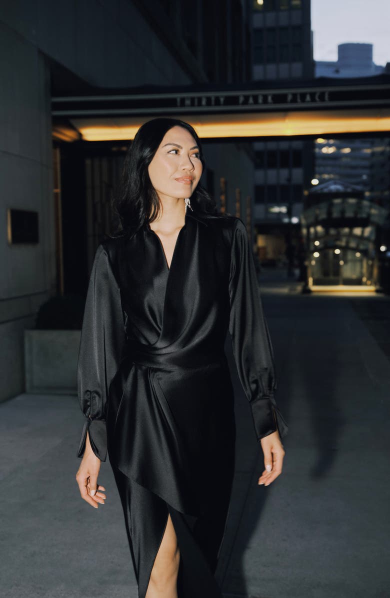 Xscape Evenings Collar Long Sleeve Satin Gown, Alternate, color, Black