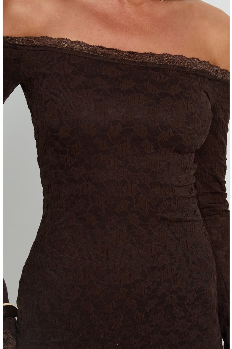 Avenues Off the Shoulder Long Sleeve Lace Minidress, Alternate, color, CHOCOLATE