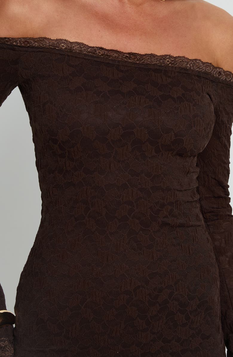 Princess Polly Avenues Off the Shoulder Long Sleeve Lace Minidress, Alternate, color, Chocolate