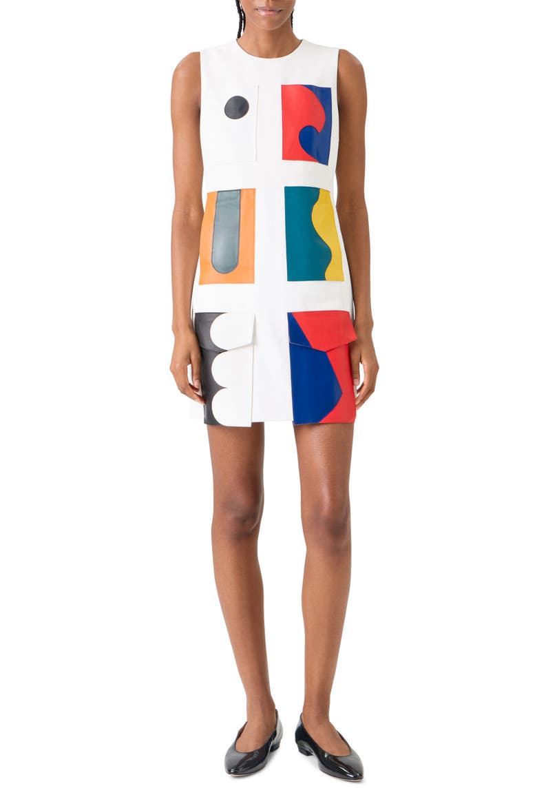 Paravent Patchwork Leather Sheath Dress, Main, color, ECRU MUTI COLOR