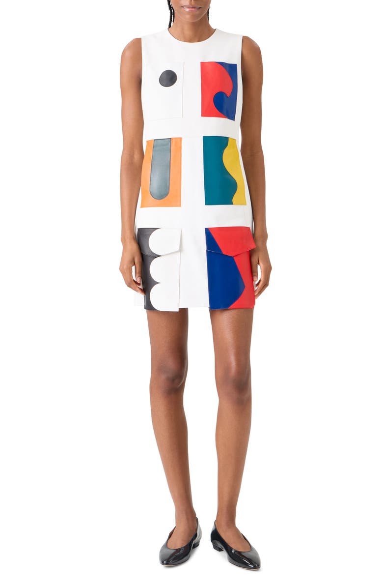 Akris Paravent Patchwork Leather Sheath Dress, Main, color, Ecru Muti Color