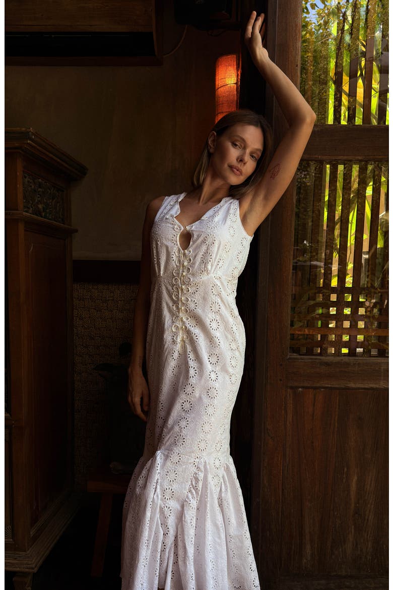 Seruni Embroidered Mermaid Maxi Dress, Alternate, color, White