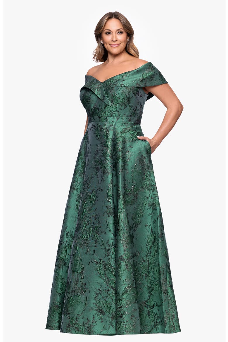 Metallic Brocade Off the Shoulder Gown, Alternate, color, DARK GREEN