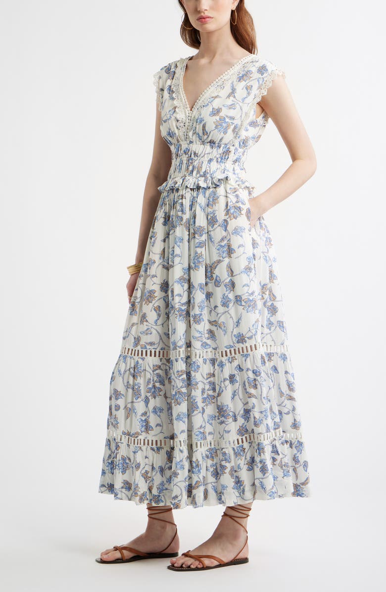 Treasure & Bond Floral Lace Trim Tiered Midi Dress, Alternate, color, Ivory- Blue Boho Bloom