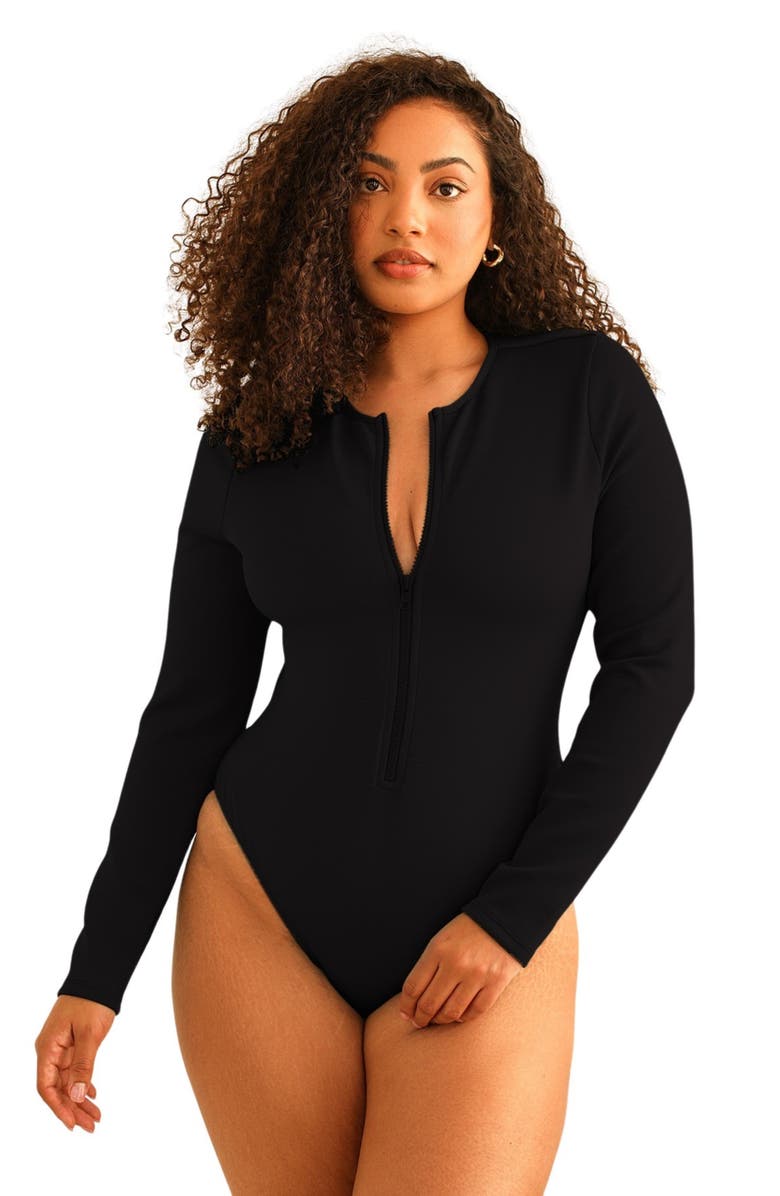 Dippin Daisys Shoal Front Zipper Long Sleeve One Piece, Main, color, Black