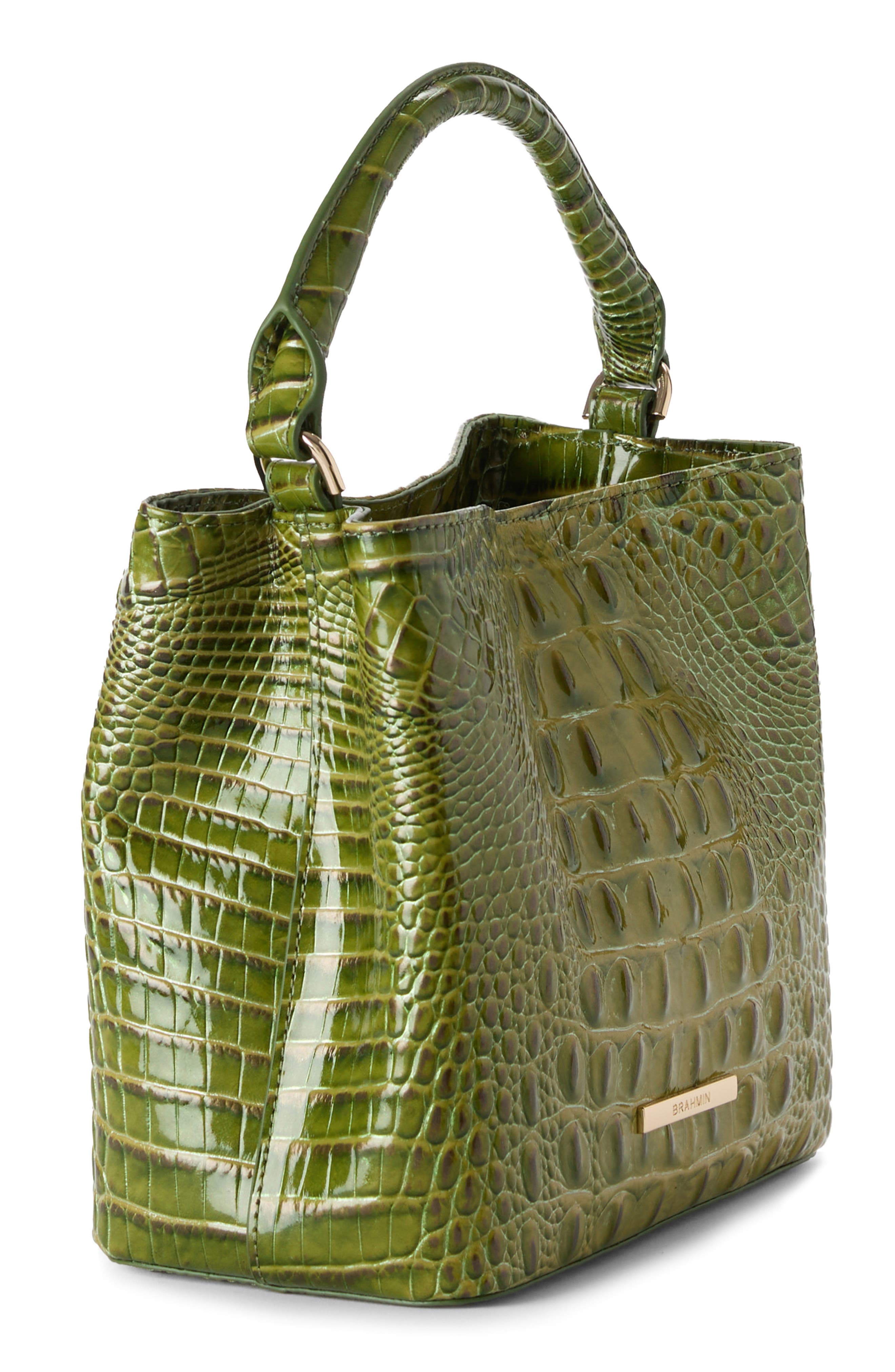 Brahmin Mini Amelia Croc Embossed Leather Top Handle Bucket Bag, Alternate, color, Olive