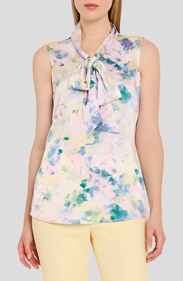 Tahari ASL Print Tie Neck Sleeveless Top, Main, color, Blush Buttercup