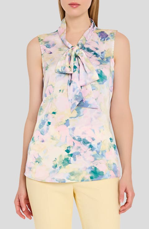 Print Tie Neck Sleeveless Top