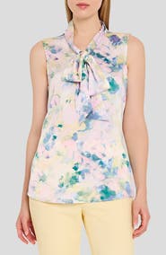 Tahari ASL Print Tie Neck Sleeveless Top