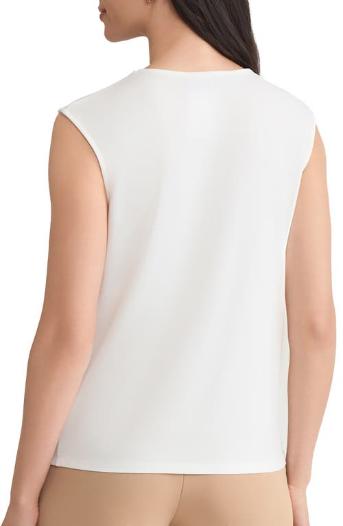 Kasper Metal Accent Gathered Neck Crepe Knit Top In White