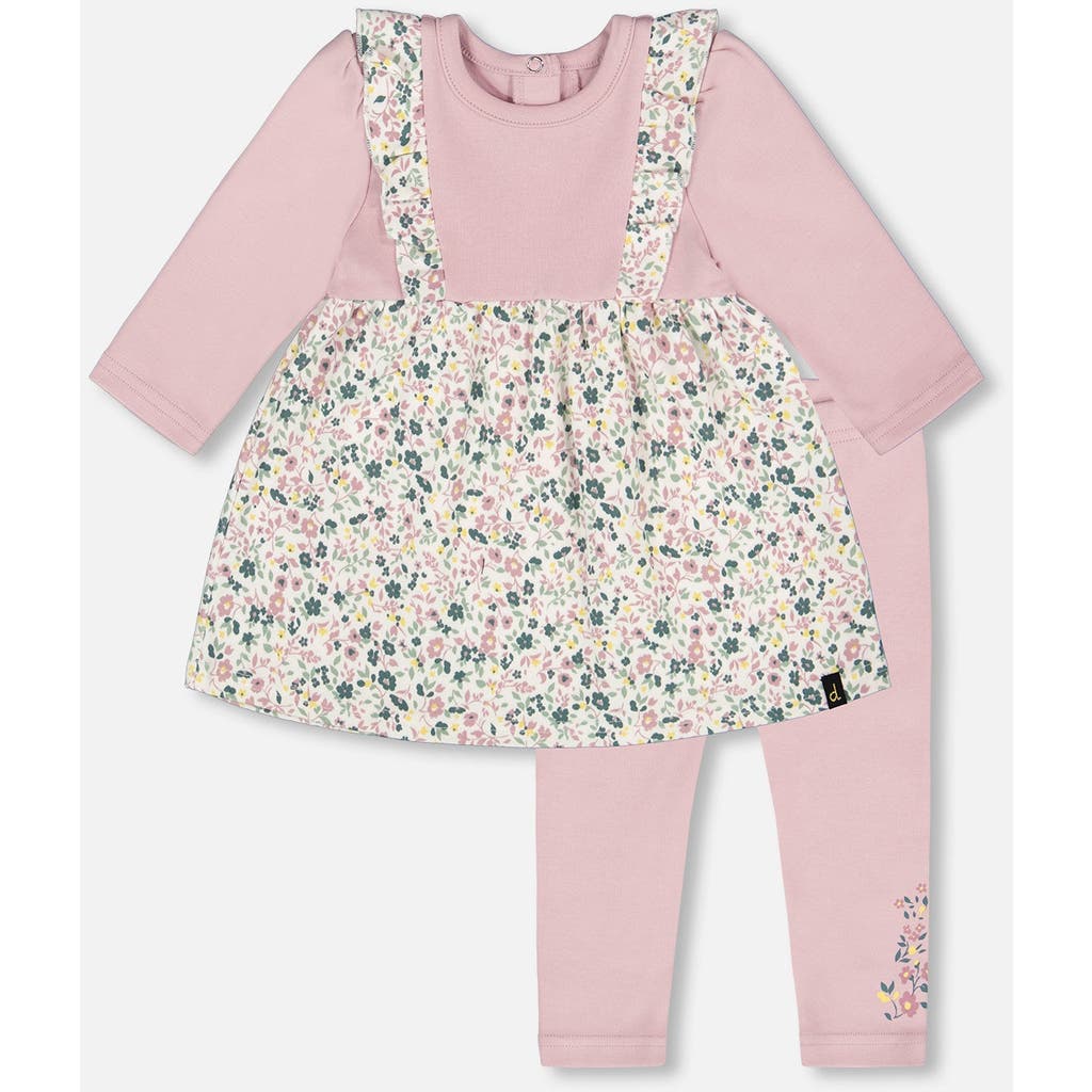 Deux Par Deux Organic Cotton Bi-material Tunic And Leggings Set In Pink