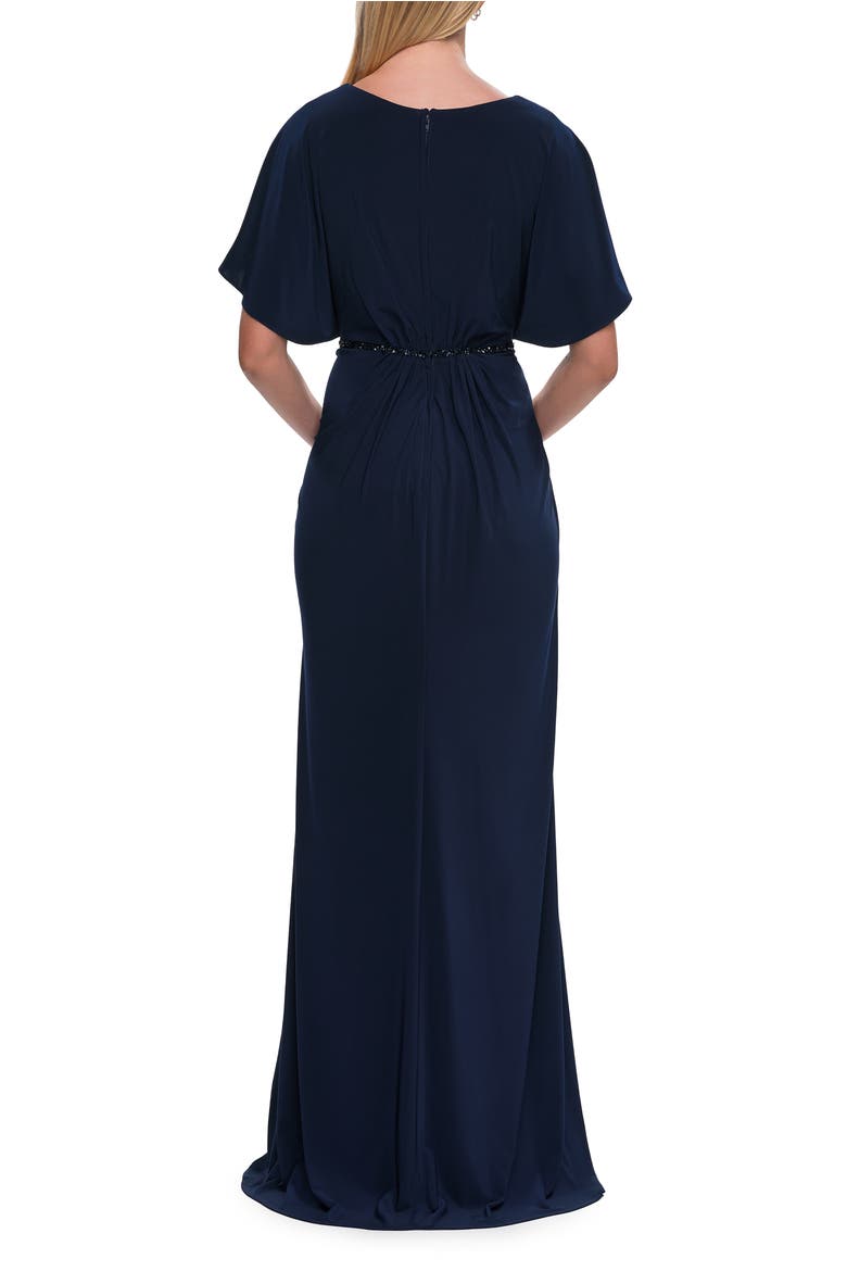 Flutter Sleeve Jersey Gown with Beaded Waist, Alternate, color, Navy