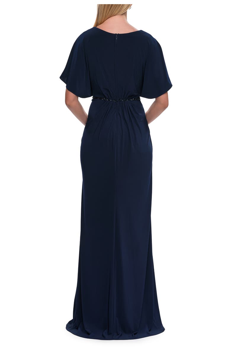 La Femme Flutter Sleeve Jersey Gown with Beaded Waist, Alternate, color, Navy