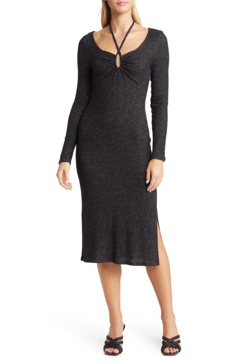 Tie Keyhole Long Sleeve Midi Dress