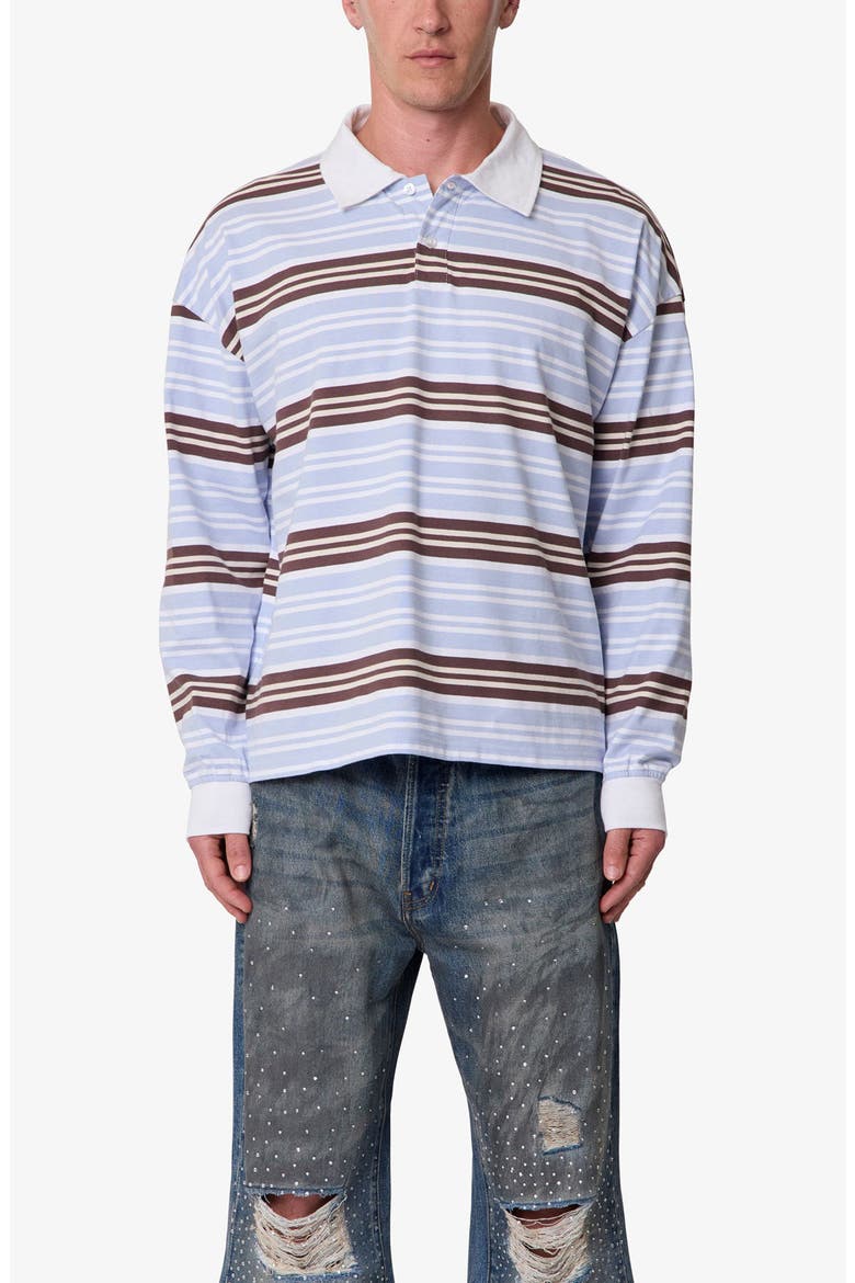 Striped Long Sleeve Polo Shirt, Main, color, BLUE/ BROWN MULTI
