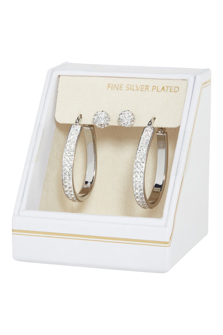 Set of 2 Cubic Zirconia Ball & Hoop Earrings, Main, color, CLEAR- SILVER