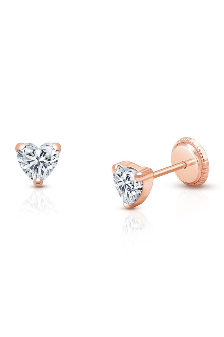 14K Gold 4mm Clear Heart Stud Screw Back Earrings, Main, color, 14K Rose Gold