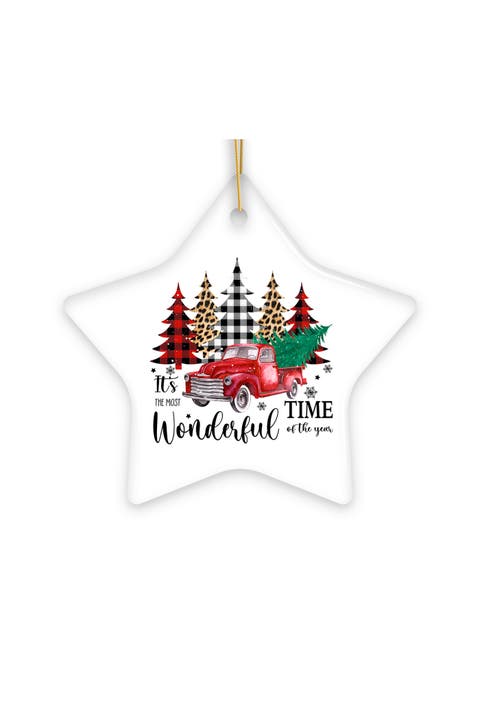 Most Wonderful Time Plaid Trees Red Truck Star Ornament