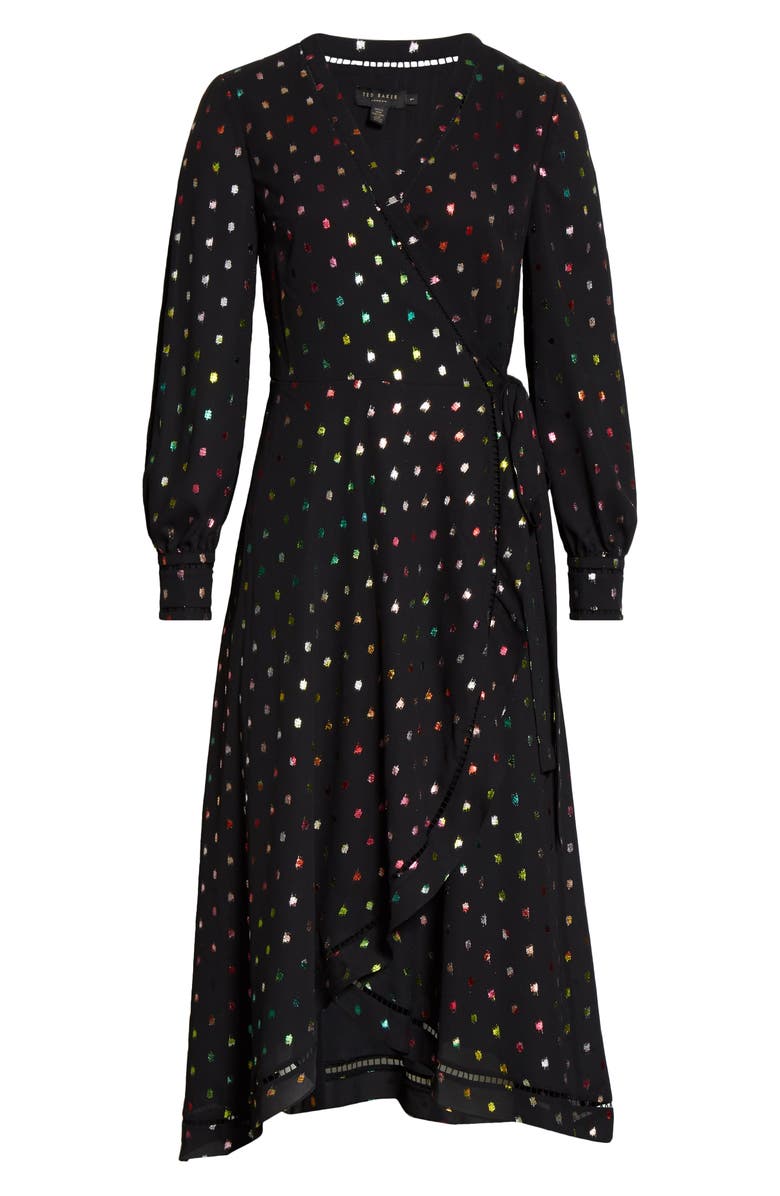 Ted Baker London Tansie Metallic Dot Long Sleeve Wrap Dress, Alternate, color,