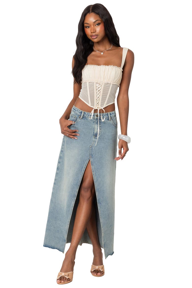 Dafne Shirred Bust Sheer Mesh Corset Top, Alternate, color, BEIGE