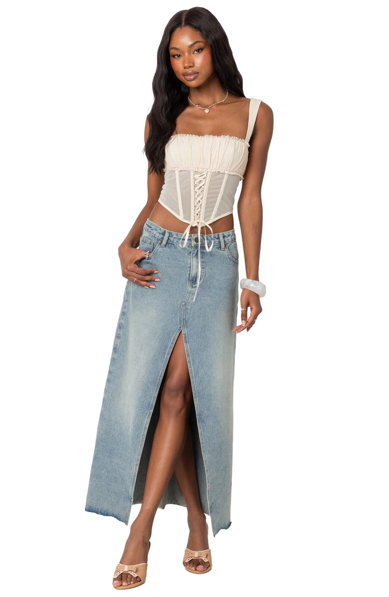 EDIKTED Dafne Shirred Bust Sheer Mesh Corset Top, Alternate, color,