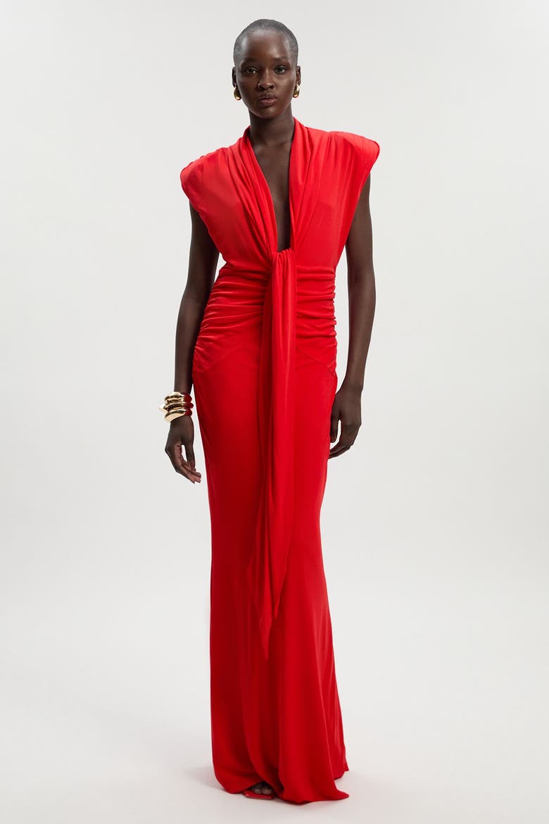 Plunge Ruched Twist Jersey Maxi Dress, Main, color, Red