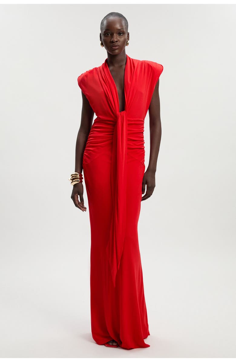 Karen Millen Plunge Ruched Twist Jersey Maxi Dress, Main, color, Red