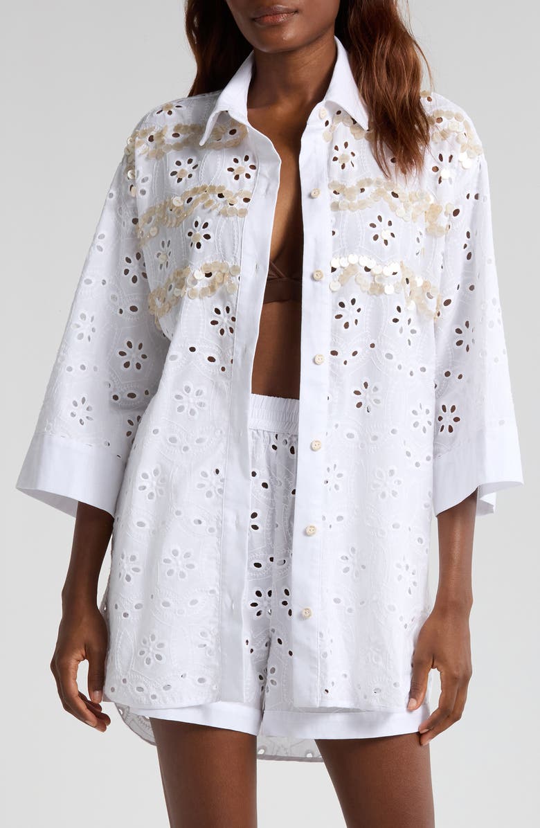 Agua Bendita Chrissy Kai Eyelet Cover-Up Button-Up Tunic, Main, color, White