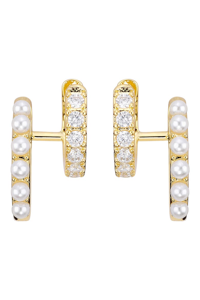 Faux Pearl & Cubic Zirconia Double Huggie Hoop Earrings, Main, color, GOLD