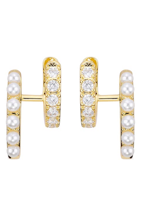 Faux Pearl & Cubic Zirconia Double Huggie Hoop Earrings