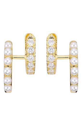 Faux Pearl & Cubic Zirconia Double Huggie Hoop Earrings