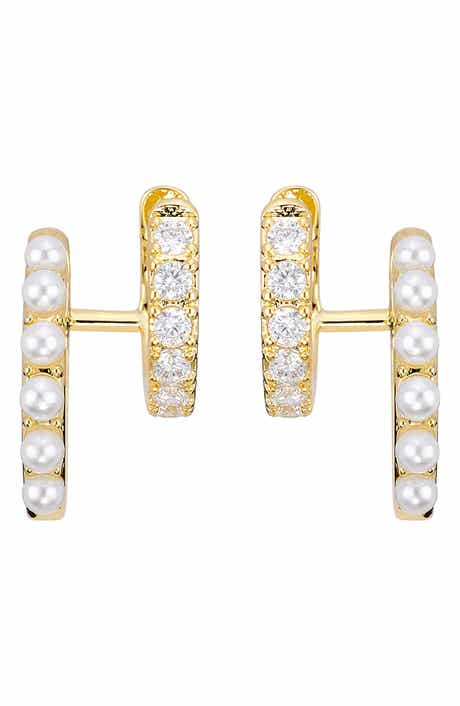 Faux Pearl & Cubic Zirconia Double Huggie Hoop Earrings