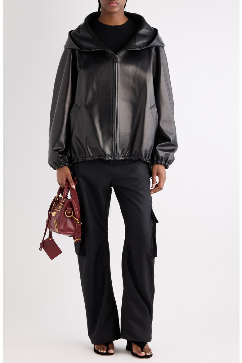 Relaxed Fit Smooth Leather Zip-Up Hoodie, Alternate, color, 1000 BLACK