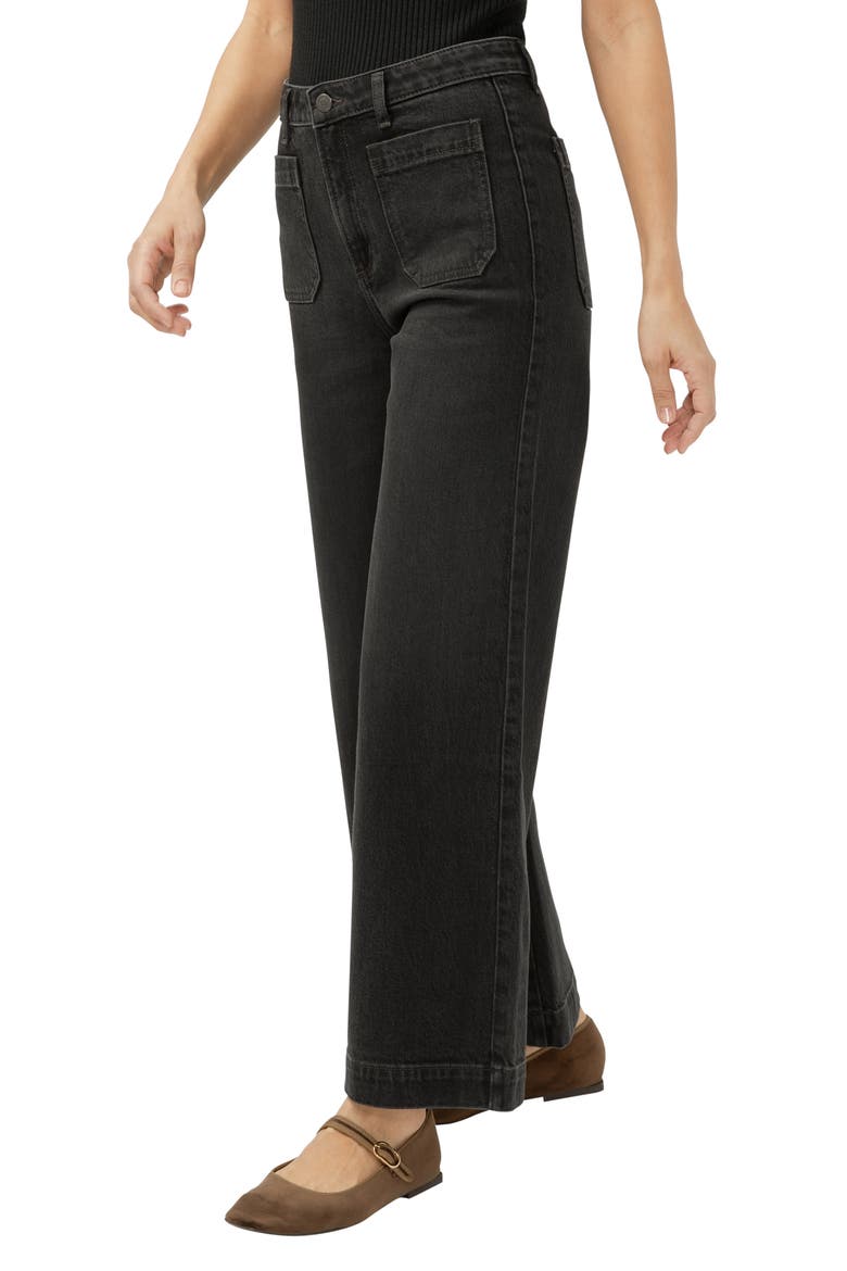 Patch Pocket High Waist Ankle Wide Leg Jeans, Alternate, color, EBONY