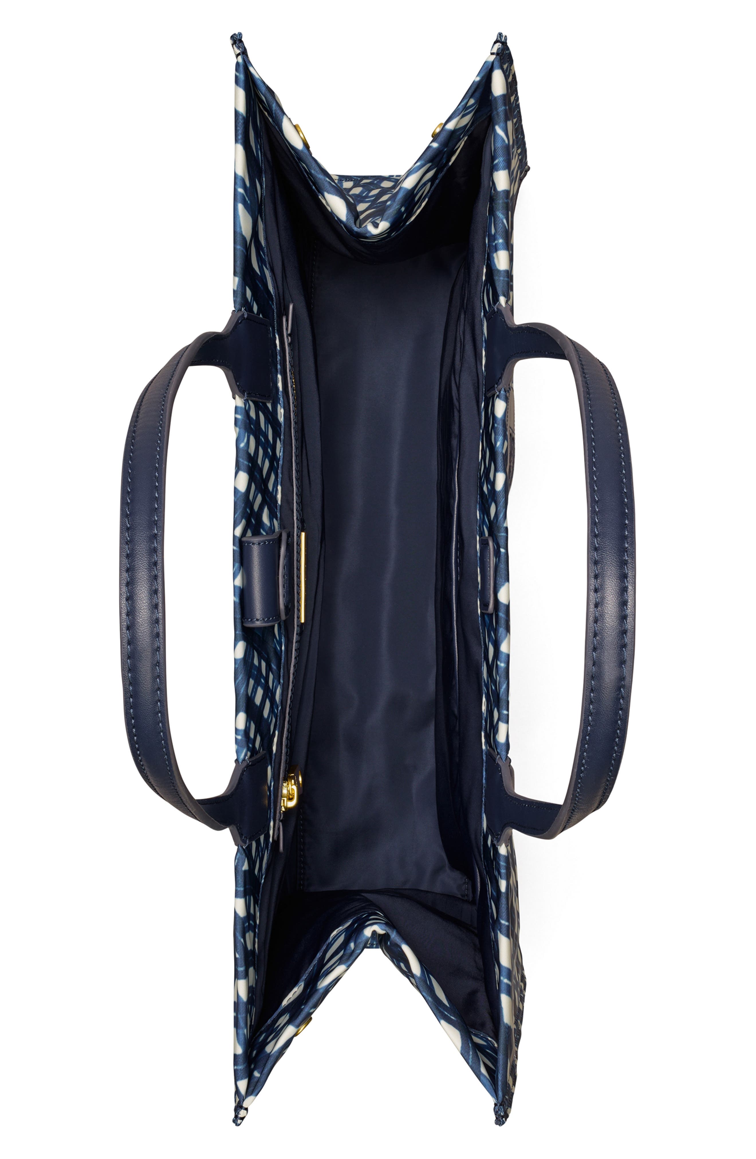 Tory Burch Ella Print Tote, Alternate, color, Navy Warped Gingham