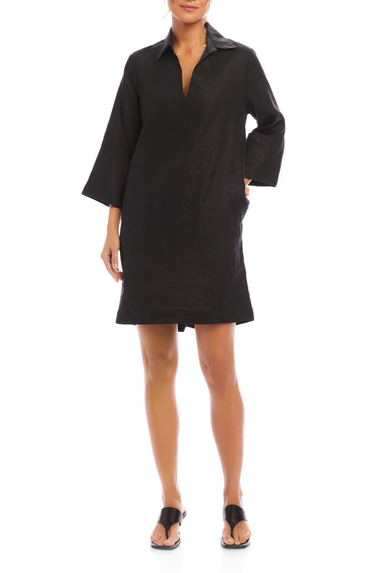 Long Sleeve Linen Shirtdress, Main, color, BLACK
