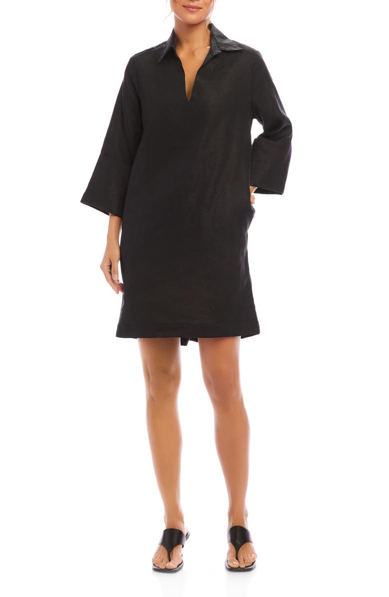 Karen Kane Long Sleeve Linen Shirtdress, Main, color, Black