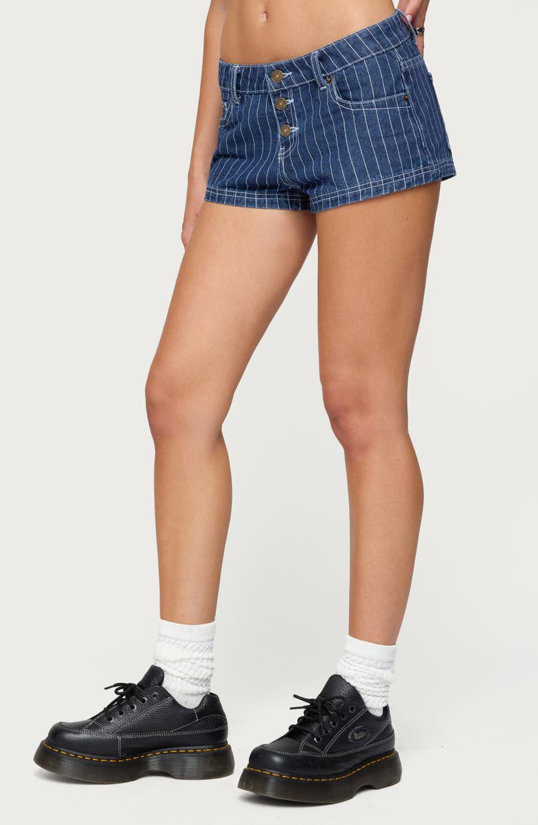EDIKTED Hanson Pinstripe Low Rise Denim Shorts, Alternate, color, Blue