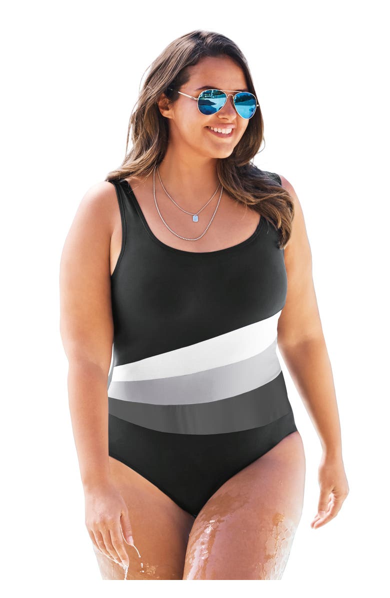 Swim 365 Colorblock One-Piece, Main, color, Black White Anchor