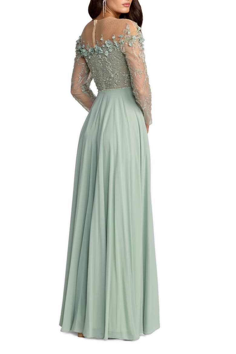 Chiffon Beaded Long Sleeve Illusion Neck Gown, Alternate, color, Sage