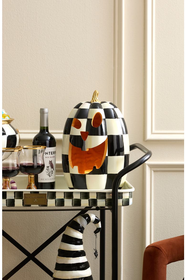 Courtly Check Tall Illuminated Pumpkin, Alternate, color, BLACK
