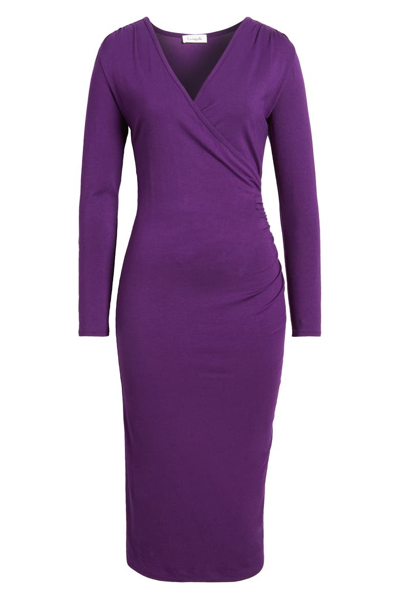 Long Sleeve Faux Wrap Midi Dress, Alternate, color, DARK PURPLE