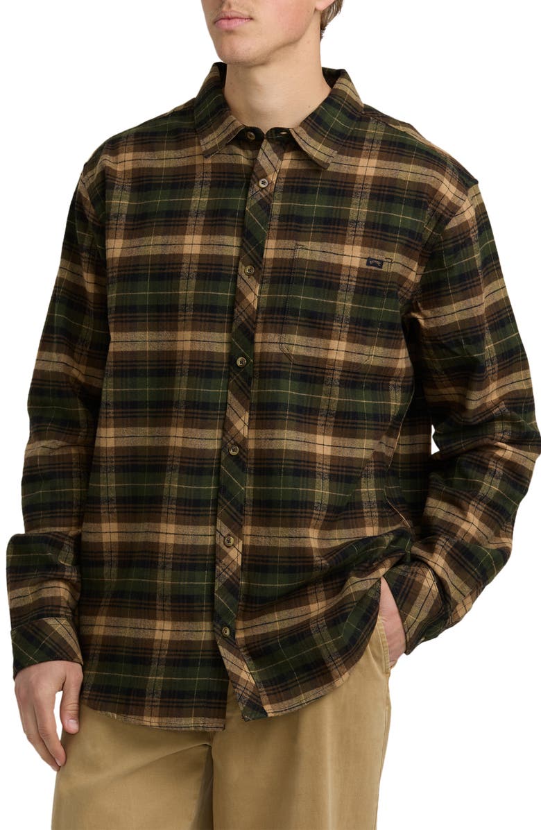 Billabong Coastline Cotton Flannel Button-Up Shirt, Main, color, Forest