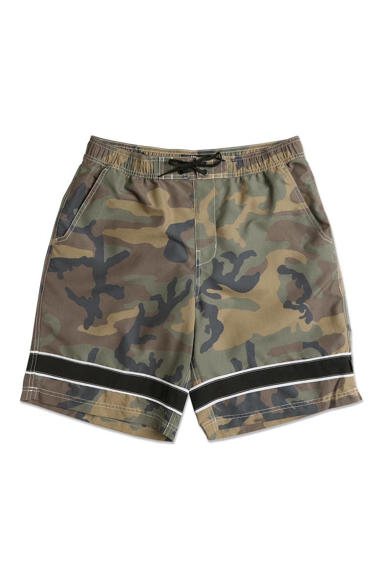 Throw On 2.0 Camouflage Swim Trunks, Alternate, color, OLIVE CAMOUFLAGE