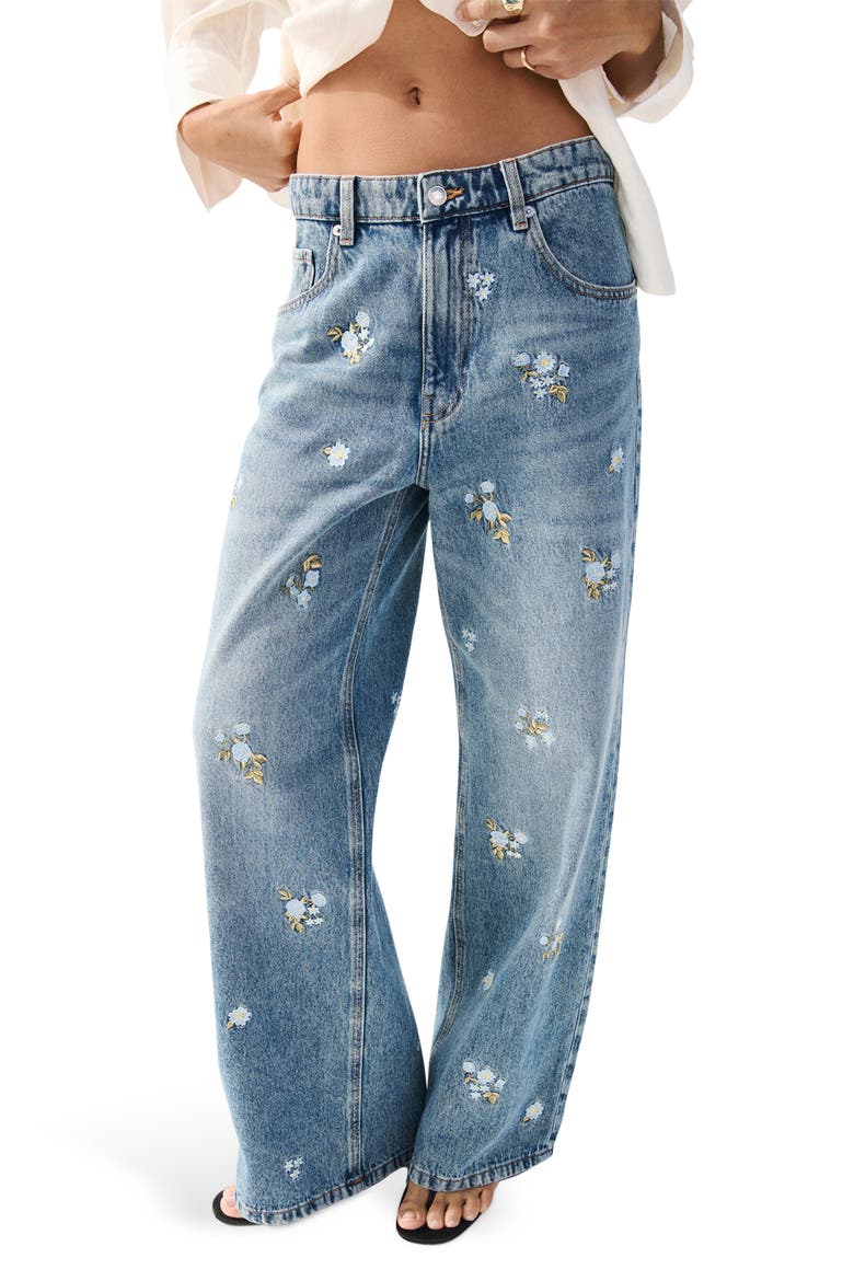 Floral Embroidered Straight Leg Jeans, Main, color, MEDIUM BLUE