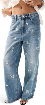 MANGO Floral Embroidered Straight Leg Jeans