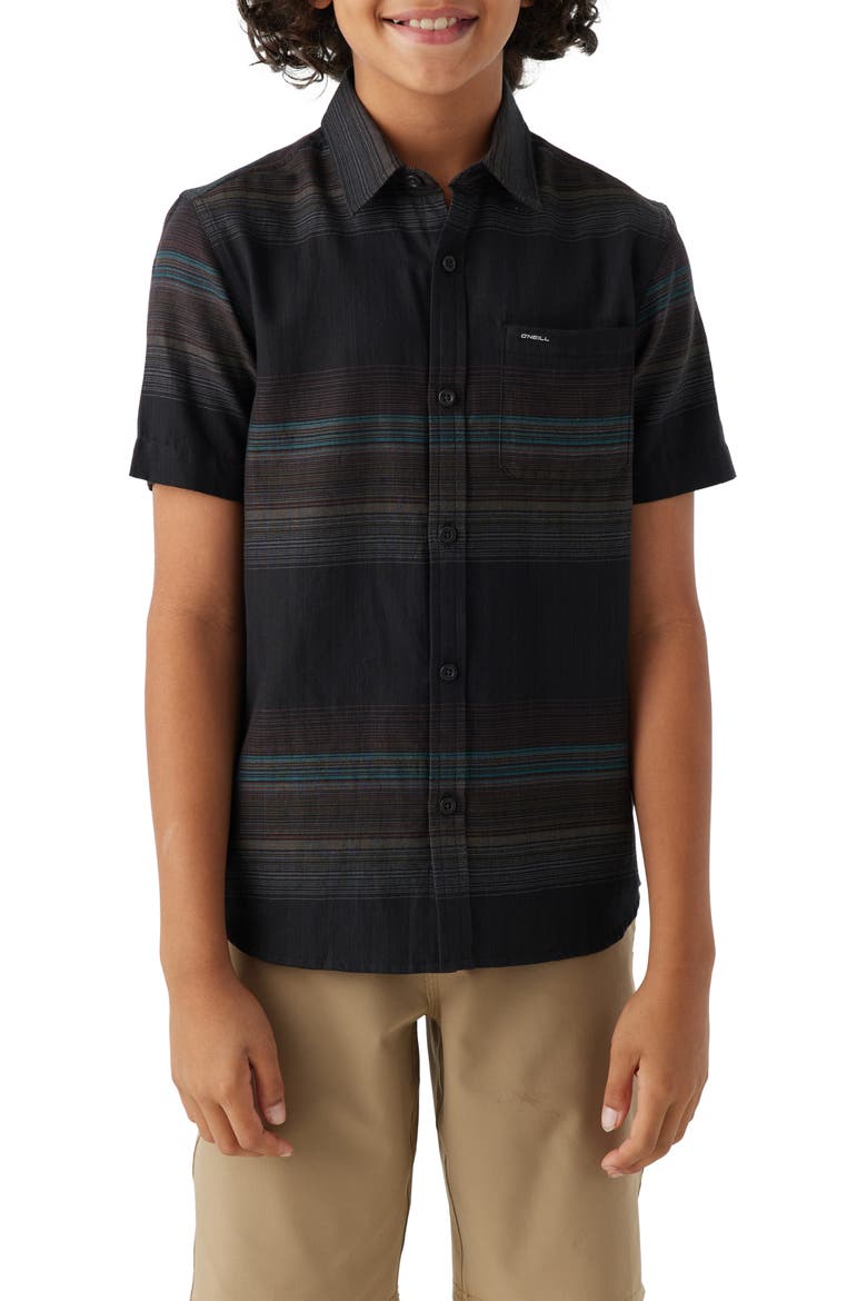 Kids' Seafaring Stripe Short Sleeve Organic Cotton Button-Up Shirt, Main, color, BLACK