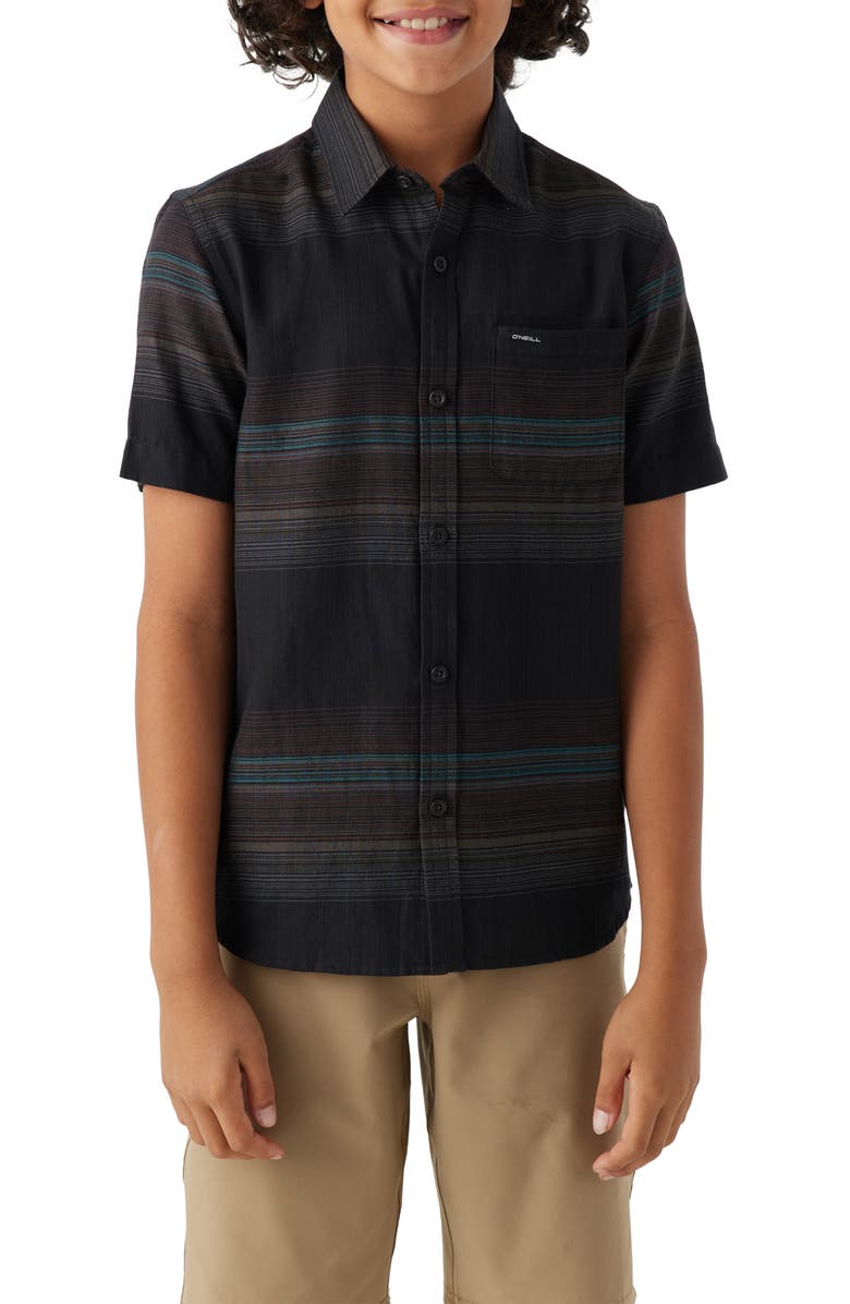 O'Neill Kids' Seafaring Stripe Short Sleeve Organic Cotton Button-Up Shirt, Main, color, Black
